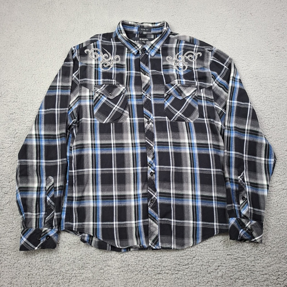 CJ Black Slim Fit Button Up Long Sleeve Western Design Flannel Shirt Men XL